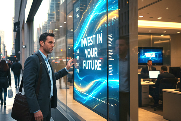 man engaged in finance content on window digital screen